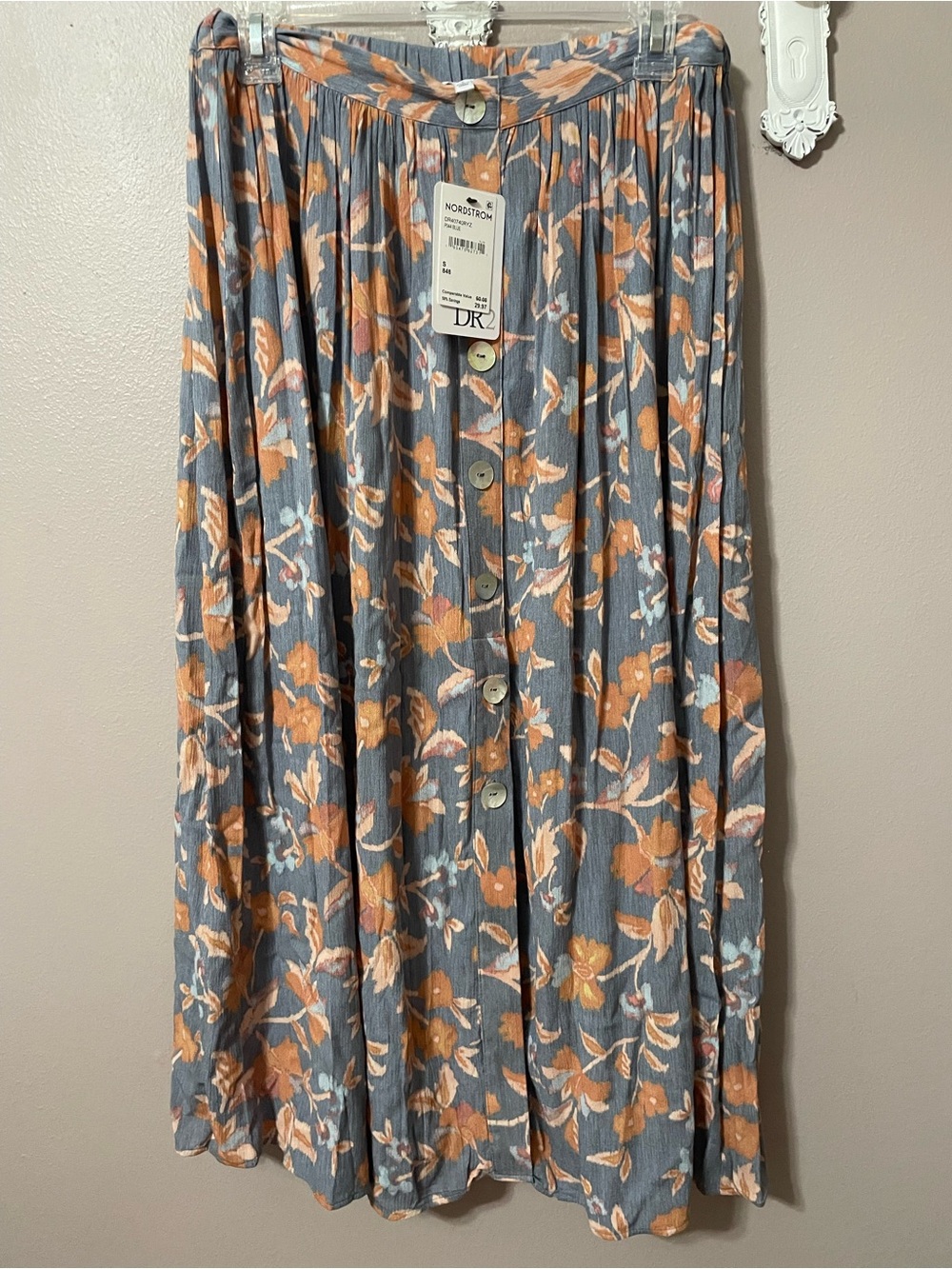 DR2 Gray Floral Button-Front Midi Skirt with Peach Accents